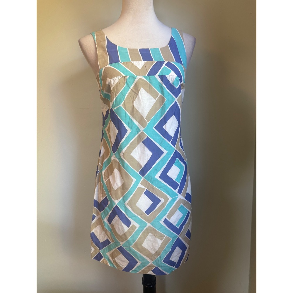 Trina Turk blue tan Silk Tie Back Shift Dress‎ retro preppy Y2K boho resort